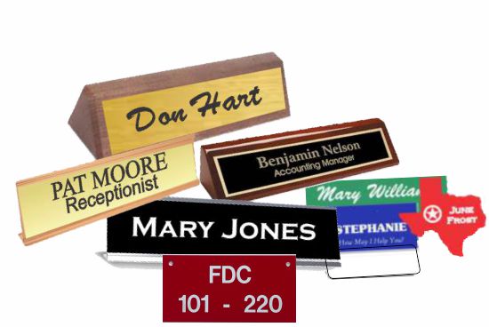 Desk &amp; Wall Nameplates, Full Color &amp; Custom Shaped Name Badges, Engraved Signs, Badge Fasteners