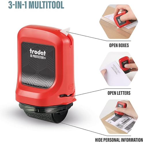 Trodat ID Red Case Protector+ Ink Roller Stamp with Integrated Box &amp; Letter Opener(3-in-1)